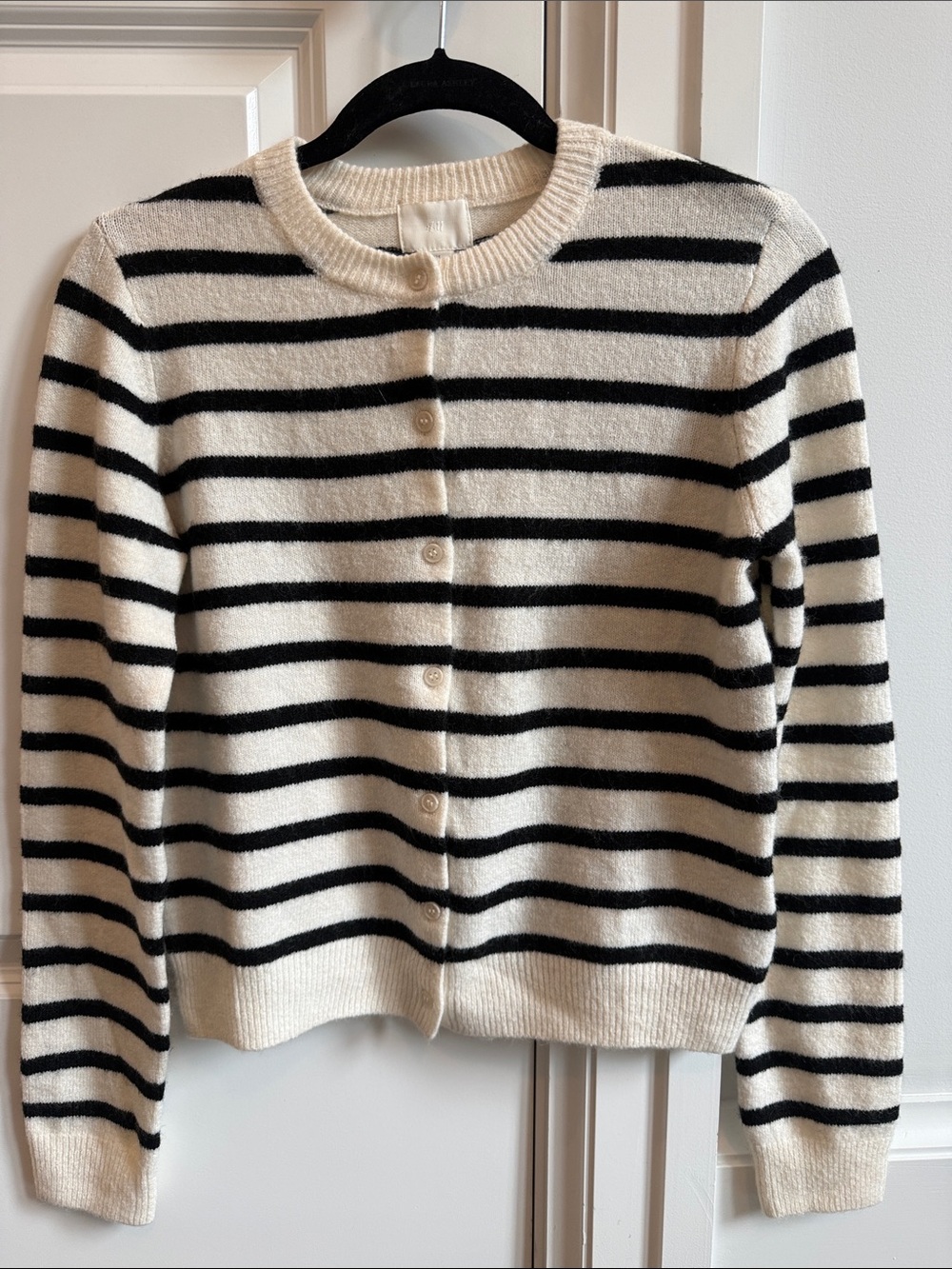 H&M Black and White soft Striped Button-Front Crewneck Cardigan - Small